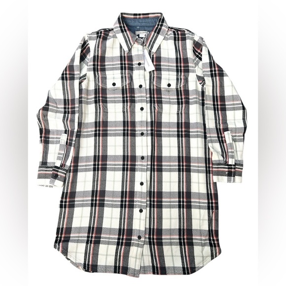 Outerknown Blanket Shirt Dress White Black Pink Plaid Long Sleeve Size Small NWT - Picture 6 of 14